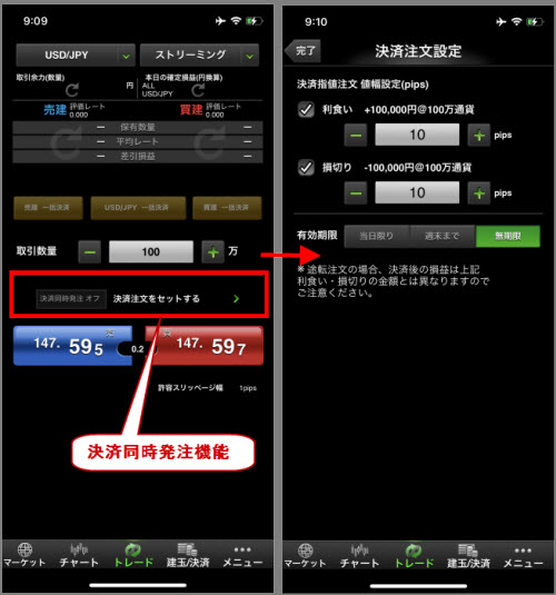 マネーパートナーズHyperSpeedTouch決済同時発注機能画面