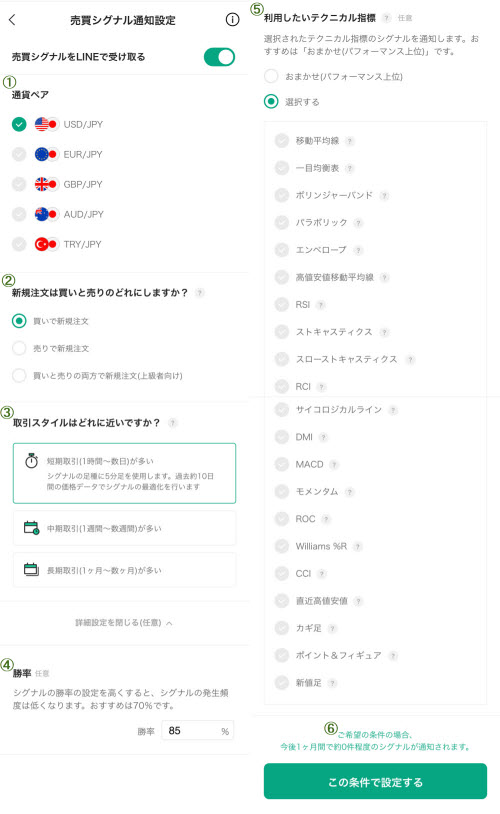 LINE証券[LINE FX]売買シグナル設定項目画面